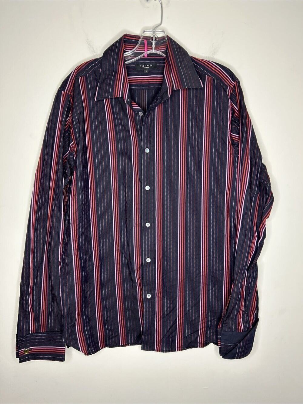 Ted Baker Men’s Dress Shirt Size 4 Striped Double/French Cuff Collar Cuff Links